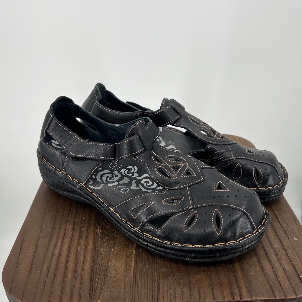 Propet Ladybug Black Leather Laser Cut Comfort Sandals Size 11 X Wide 2E